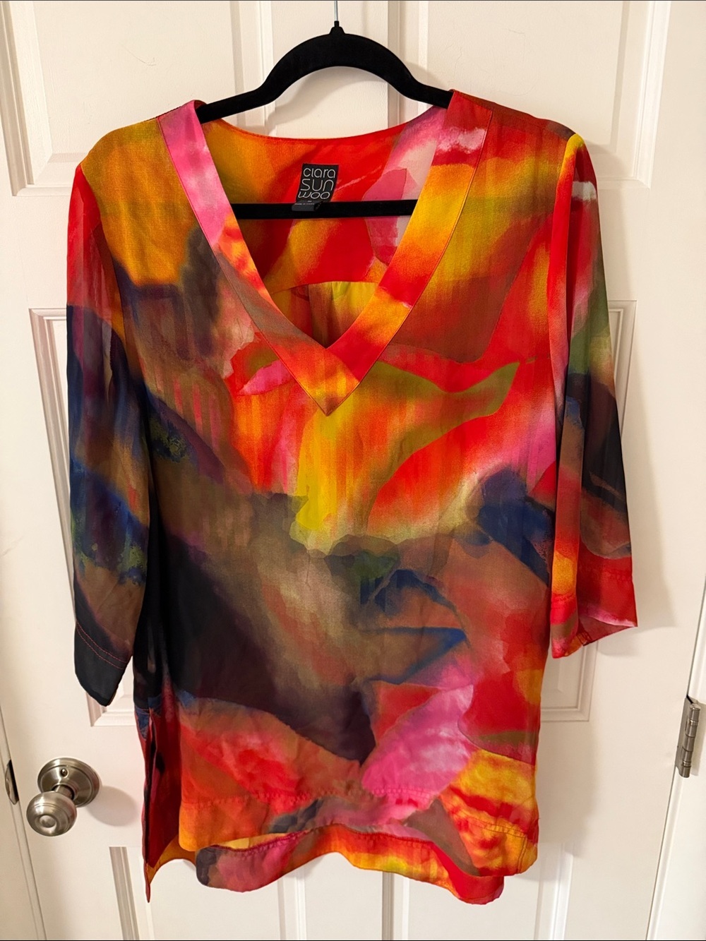 Clara Sun Woo V-Neck Semi Sheer Abstract Watercolor Tunic Boho Artsy Size Medium